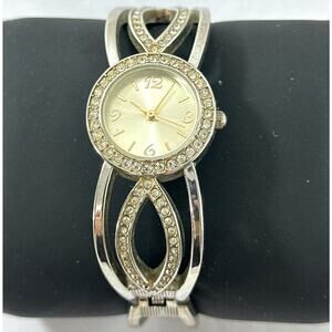 Vintage Silver-Tone Cuff Bracelet Watch with Rhinestones – Japan Movement Works